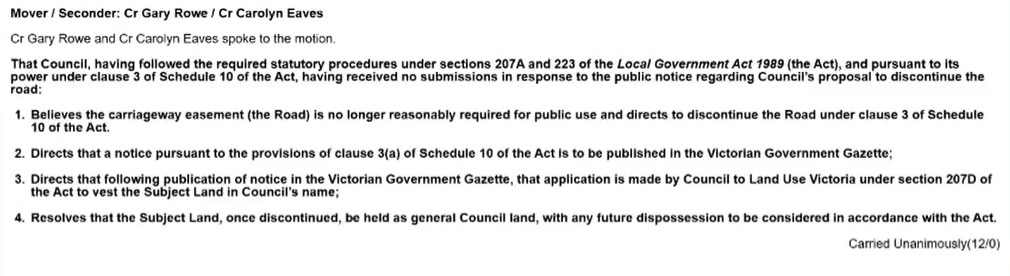 Recommendation of Council to endorse the road discontinuance from October meeting.